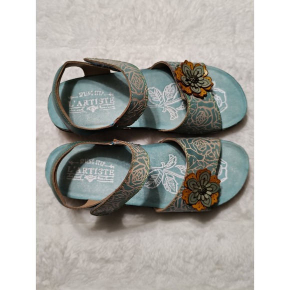 NEW L'Artiste by Spring Step Leather Wedge Sandals Cuteness Teal Multi Sz 38 - Picture 7 of 10